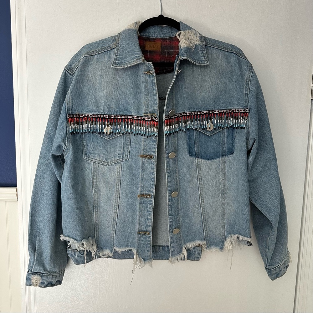 Distressed denim western Aztec beaded jean jacket